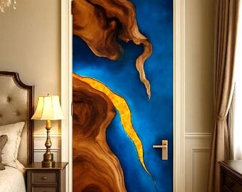 Luxury Blue Epoxy River Door: Handmade Wood & Resin Barn Door