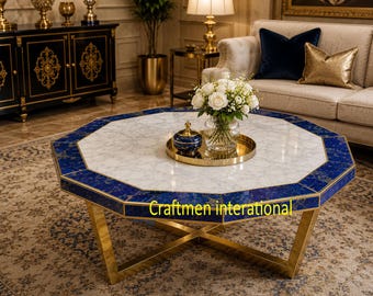 Lapis Lazuli & White Carrara Marble Table Top,Semi Precious Stone Inlay Center Table