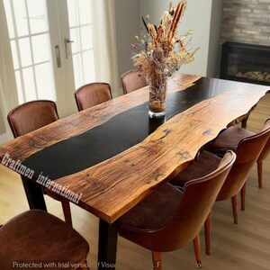 Black Epoxy Dining Table: Live Edge Walnut Wood, Home Decor Furniture