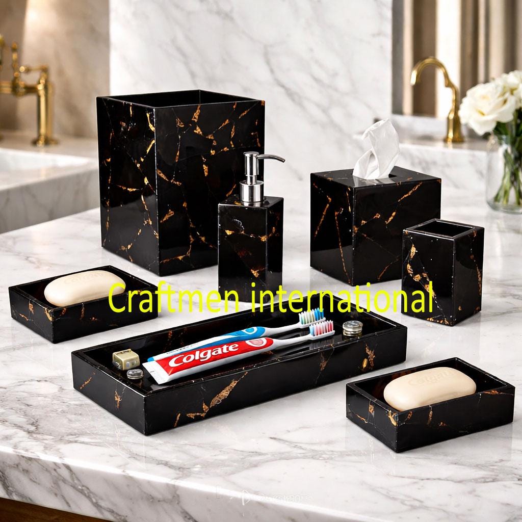 Black Obsidian Marble Bathroom Accessories Set – Luxury Stone Bath