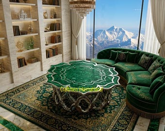 Green Malachite Stone Table Top with Mother of Pearl Inlay, Marble Mosaic Coffee Table