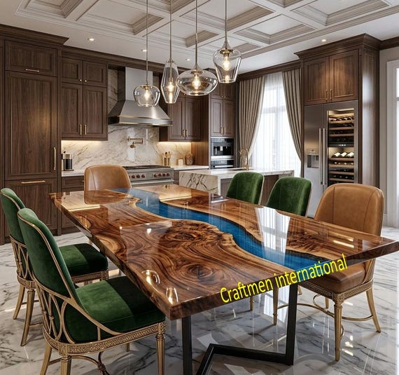 Blue River Epoxy Table Top: Live Edge Wood, Custom Furniture Dining table
