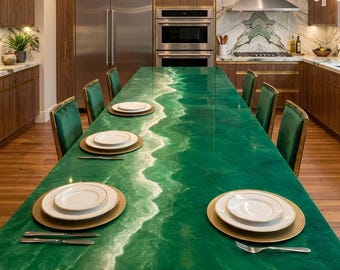 Luxury Green Ocean Resin Dining Table | Kitchen Island Decor Table | Handmade Coastal Furniture
