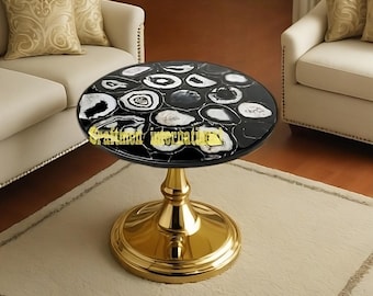 Handmade Black Agate Round Table Top: Custom Coffee or Dining Table