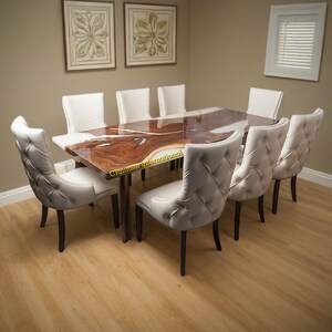 Handmade White Epoxy Dining Table: Live Edge Walnut Wood