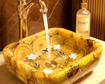 Handmade Yellow Agate Stone Sink: Luxury Crystal Vessel Basin, Bathroom vanity Wash basin