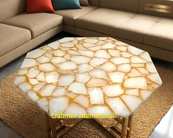 White Crystal Agate Dining Table Top, Luxury Handmade Coffee Table for Living Room decor