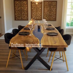 Blue Epoxy River Dining Table: Live Edge Wood, Handmade