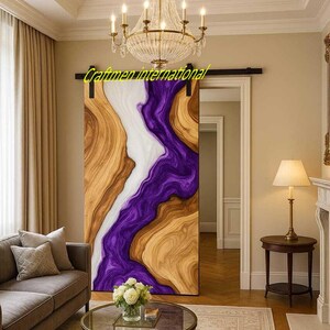 Epoxy River Live Edge Wood Barn Door in Purple or White, Handmade Rustic Wood