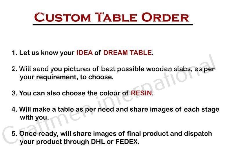 May include: A list of steps for ordering a custom table. The steps include: 1. Let us know your idea of dream table. 2. Will send you pictures of best possible wooden slabs, as per your requirement, to choose. 3. You can also choose the color of resin. 4. Will make a table as per need and share images of each stage with you. 5. Once ready, will share images of final product and dispatch your product through DHL or FEDEX.