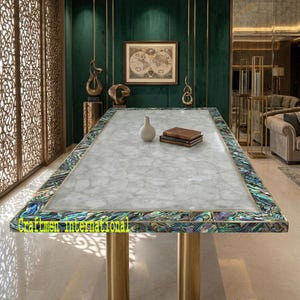 White Quartz & Abalone Shell Inlay Dining Table | Luxury Handmade Stone Table | Custom Marble Furniture