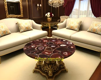 Natural Red Agate Dining Table Top, Luxury Stone Furniture for Living Room