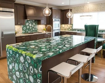 Green Agate Stone Countertop, Luxury Kitchen Island, Custom Gemstone Vanity, Polished Finish