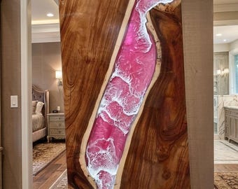 Live Edge Wood Pink River Epoxy Barn Door, Rustic Modern Sliding Interior Door
