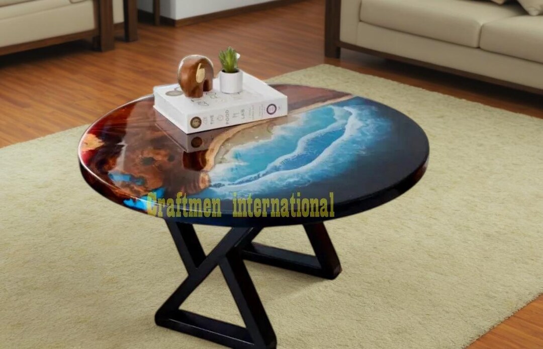 Blue Epoxy Ocean Wave Console Table With Live Edge Wood, Ocean-inspired ...