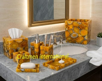 Natural yellow Agate Stone Bathroom Set: Vanity Accessories set