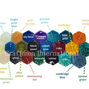 May include: A honeycomb-shaped display of 18 different colored resin samples. Each sample is a hexagonal shape with a unique color and texture. The colors include: luminous blue, bright pure blue, gold speckle, peacock green, sunflower, sunset orange, sky blue, violet, black pearl, cobalt blue, ruby, silver, emerald, velvet, jade, luminous yellow, olive yellow, shimmering red, cambridge blue, and synstar green.