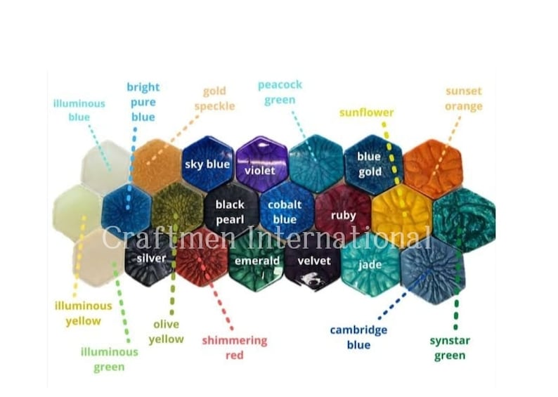 May include: A honeycomb-shaped display of 18 different colored resin samples. Each sample is a hexagonal shape with a unique color and texture. The colors include: luminous blue, bright pure blue, gold speckle, peacock green, sunflower, sunset orange, sky blue, violet, black pearl, cobalt blue, ruby, silver, emerald, velvet, jade, luminous yellow, olive yellow, shimmering red, cambridge blue, and synstar green.