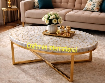 White Agate Stone Coffee Table – Luxury Handcrafted Gemstone Center Table for Living Room