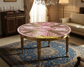 Quartz Stone Table Top with Brass Inlay Design, Marble Coffee Table, Home Decor