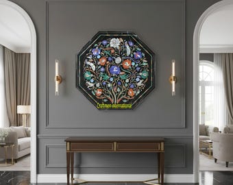 Black Marble Inlay Wall Panel - Octagonal Tree of Life Wall Art - Pietra Dura