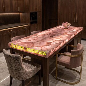 Pink Agate Dining Table Top LED Backlit Natural Stone Luxury Home Decor