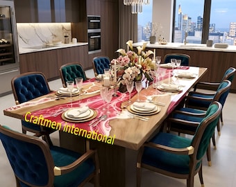 Pink Ocean Wave Epoxy Resin Dining Table, Live Edge Wood Table,custom Furniture