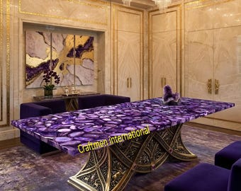 Purple Agate Coffee Dining Table Top, Handmade Stone Center Table for Living Room Furniture