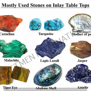 Puede incluir: Una variedad de piedras preciosas, incluyendo cornalina, turquesa, madreperla, malaquita, lapisl&aacute;zuli, jaspe, ojo de tigre, concha de abul&oacute;n y azurita. La imagen est&aacute; etiquetada como "Piedras m&aacute;s utilizadas en tableros de mesa con incrustaciones."