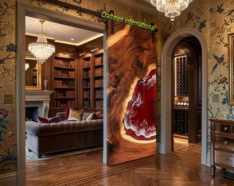 Live Edge Wood Red Epoxy River Barn Door, Rustic Modern Sliding Interior Door