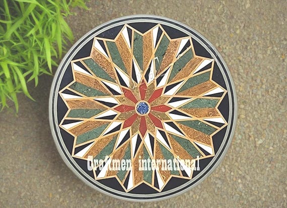 Black Marble Inlay Table Top: Handmade Pietra Dura Floral Design