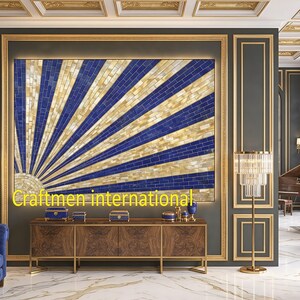 May include: A large wall mosaic featuring a sunburst design with alternating blue and gold brick-like tiles. The mosaic is framed in gold and set against a dark gray wall. The room has a luxurious, modern aesthetic.