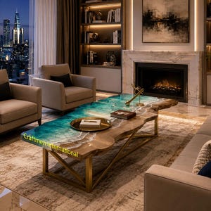 May include: A rectangular coffee table with a live edge wood slab and a turquoise resin inlay mimicking ocean waves, featuring a gold-toned metal base. The surface displays the yellow text Craftmen international and holds a gold tray and book.