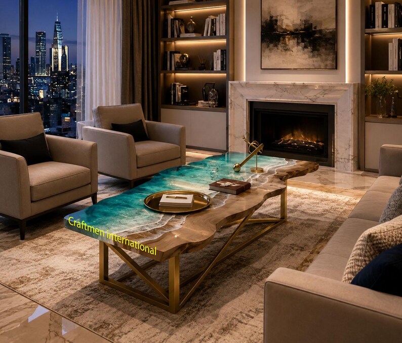 May include: A rectangular coffee table with a live edge wood slab and a turquoise resin inlay mimicking ocean waves, featuring a gold-toned metal base. The surface displays the yellow text Craftmen international and holds a gold tray and book.