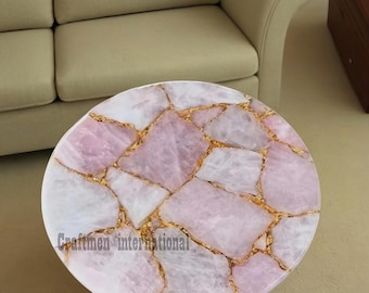 Handmade Pink Quartz Table Top: Semiprecious Stone Coffee Table