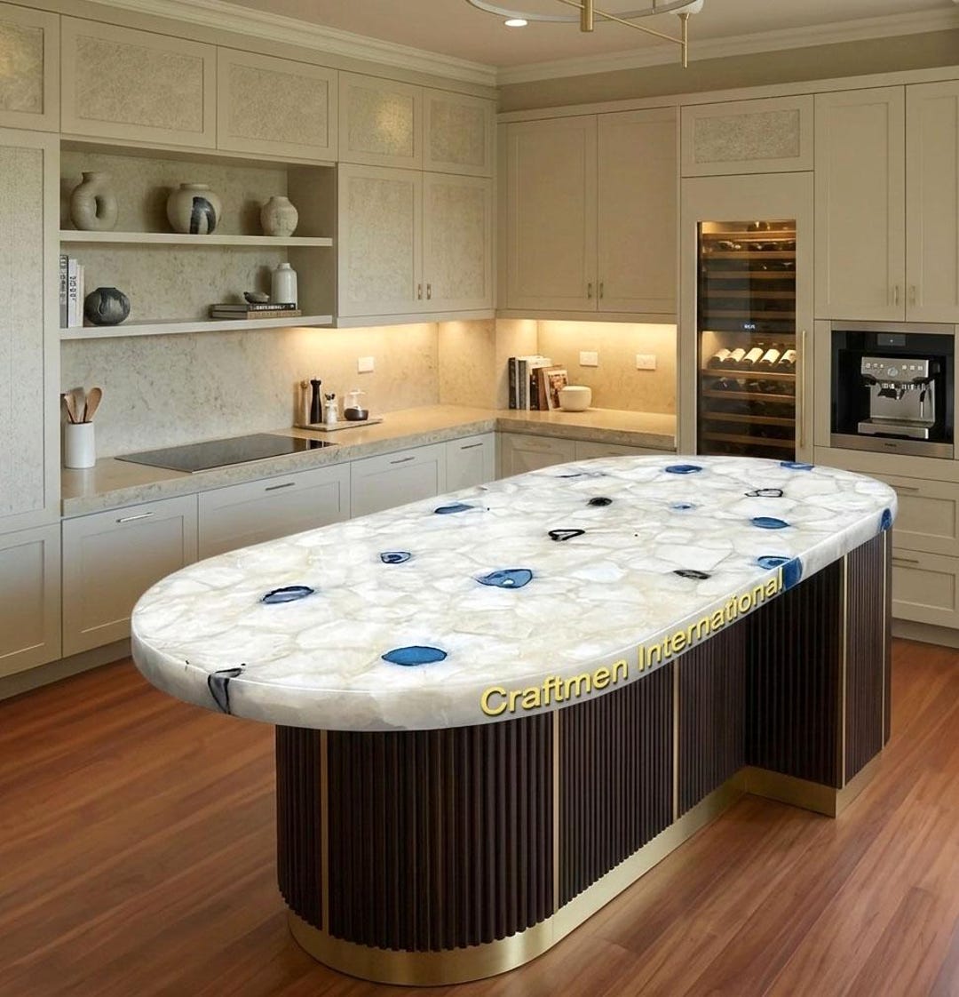 Handcrafted Crystal Quartz & Blue Agate Table Top – Luxury Dining or ...