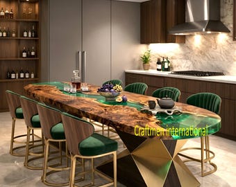 Transparent Green Oval Epoxy Resin Table Top, Emerald River Dining Table
