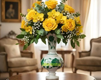 White Marble Flower Vase with Green Malachite Inlay,Home decor, gifting ideal