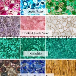 Puede incluir: Un collage que muestra varios materiales de piedras semipreciosas, incluyendo &aacute;gata, cristal/cuarzo y malaquita. La imagen presenta una variedad de colores y patrones, con etiquetas de texto que identifican cada tipo de piedra. El texto en la parte superior dice "Puedes elegir el material de piedra semipreciosa."