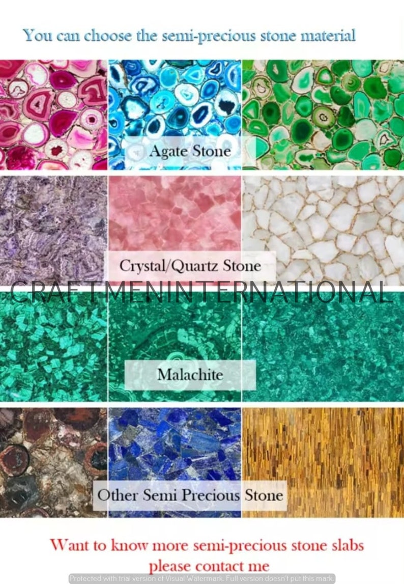 Puede incluir: Un collage que muestra varios materiales de piedras semipreciosas, incluyendo &aacute;gata, cristal/cuarzo y malaquita. La imagen presenta una variedad de colores y patrones, con etiquetas de texto que identifican cada tipo de piedra. El texto en la parte superior dice "Puedes elegir el material de piedra semipreciosa."