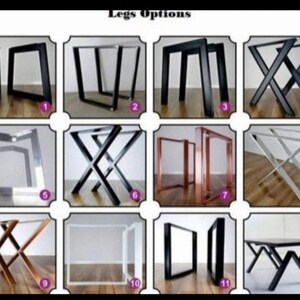 May include: Twelve different table leg options are shown. The legs are made of metal and come in a variety of styles, including square, rectangular, and X-shaped. The legs are available in black, silver, and copper finishes.