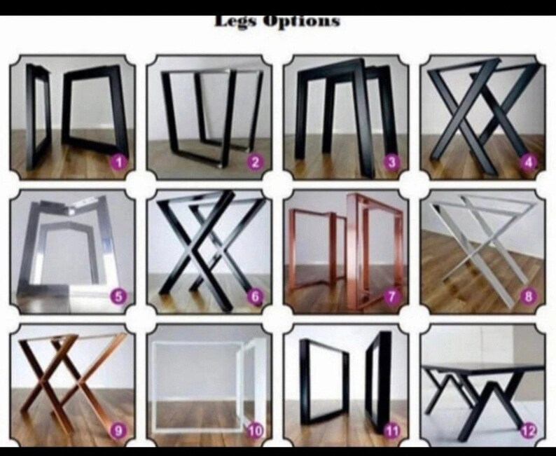 May include: Twelve different table leg options are shown. The legs are made of metal and come in a variety of styles, including square, rectangular, and X-shaped. The legs are available in black, silver, and copper finishes.