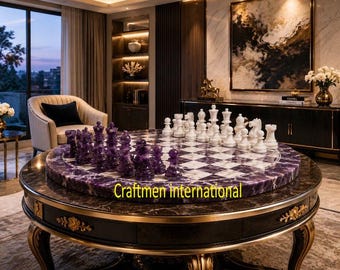 Amethyst Crystal Stone Chess Board Set | Luxury Purple Gemstone Chessboard with Hand-Carved Pieces
