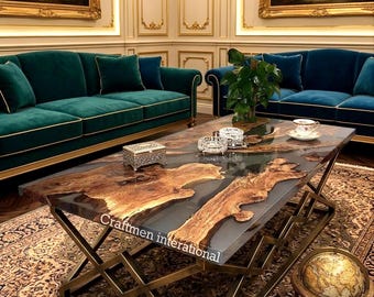 Gray Epoxy Walnut Dining Table – 94.4 Inch Modern Live Edge Conference Table