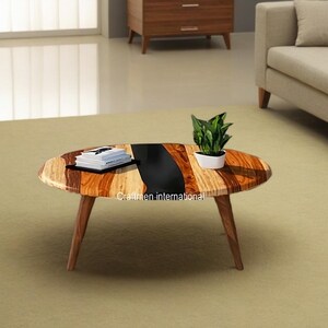 Black Epoxy Resin Coffee Table: Handmade Round Wood Sofa Center Table