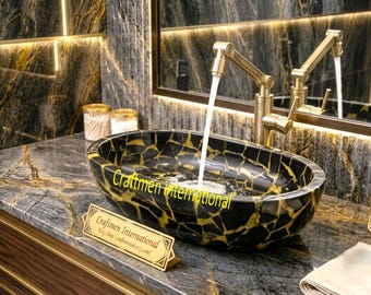 Black Obsidian Marble Stone Sink, Bathroom Vessel Sink, Natural Crystal Wash Basin