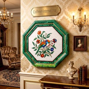 May include: An octagonal wall art piece with a malachite green frame and a white marble center. The center features a colorful bird and floral design. The piece is mounted on a patterned wallpaper. The text "Craftmen international" is visible.