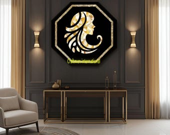 Panel de pared de mármol negro con incrustaciones de nácar dorado para mujer, arte en piedra
