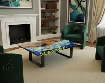 Handmade Blue Epoxy Resin River Table – Natural Wood Center Table for Living Room