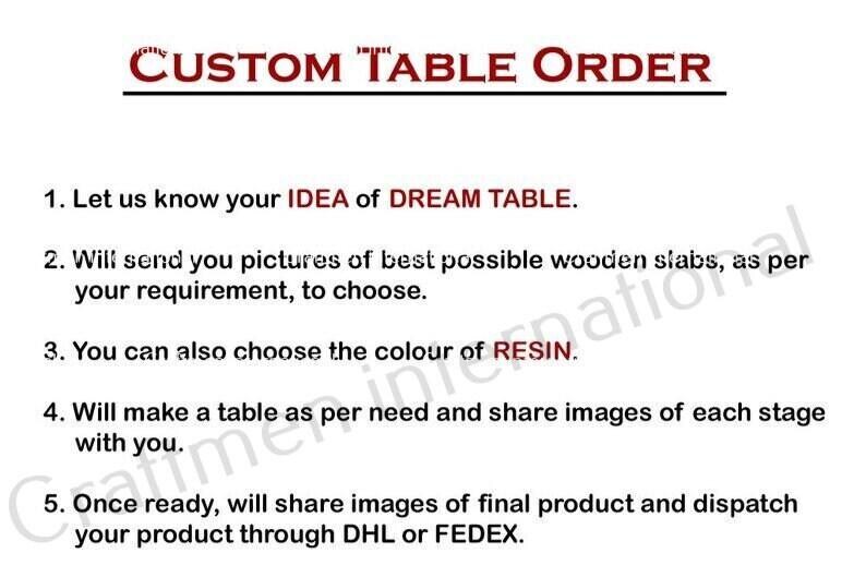 May include: A white informational sign with dark red text titled CUSTOM TABLE ORDER. It outlines a five-step process for ordering a custom table, including selecting wooden slabs, choosing resin colors, receiving progress updates, and final shipping.